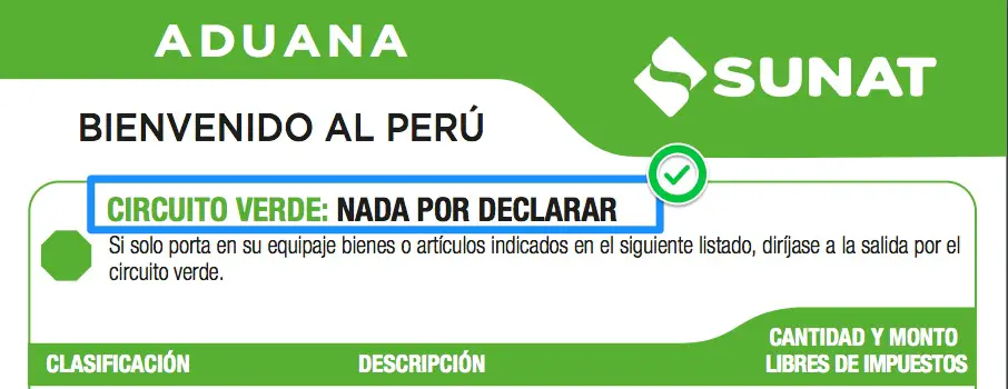 Formulario Aduana Peru Verde - Nada por declarar