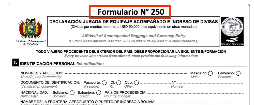 Formulario Aduana Bolivia 250